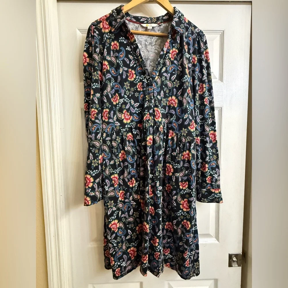 Boden Black Floral Print Long Sleeve Dress US 12R - Picture 1 of 6